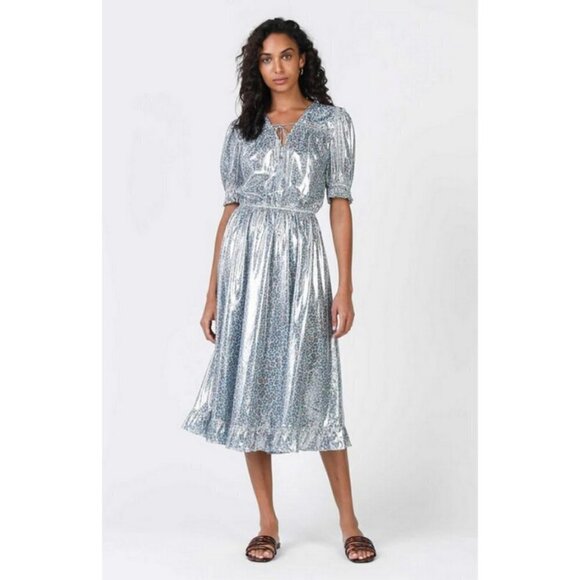 💕CURRENT AIR💕 Metallic Shine Midi Dress Shiny Blue Leopard Print Medium M NWT - Picture 3 of 15